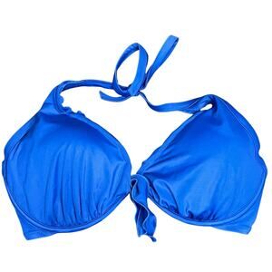 Victorias Secret The High Tie Halter Swim Top Womens 36DD Blue Ruffle Underwire